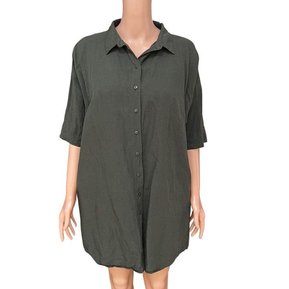 Parfois collection dark green linen blend shirt dress tunic size M oversized